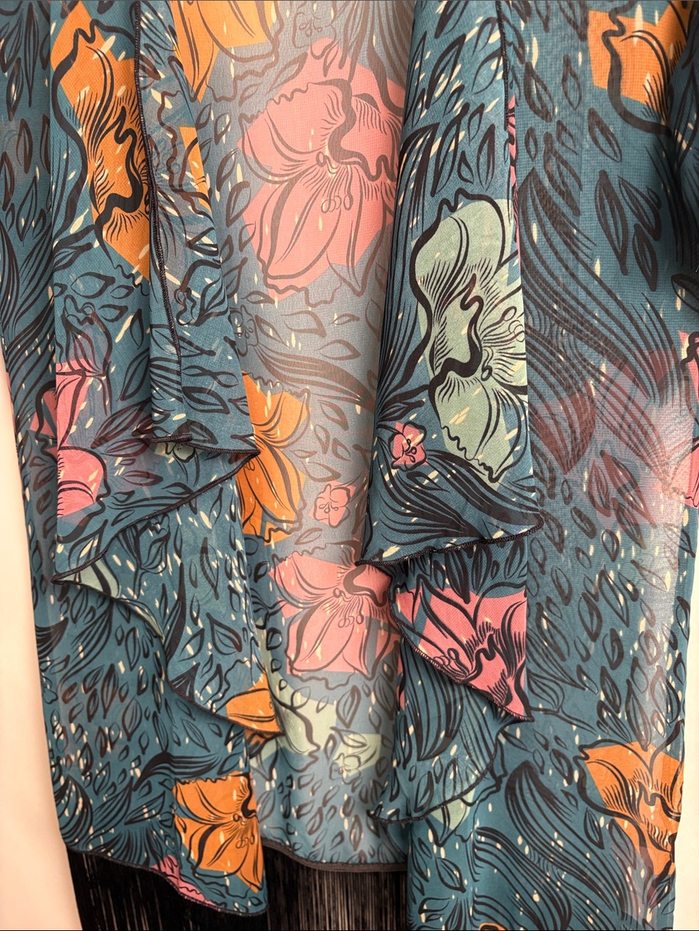 LuLaRoe Teal Floral Open Kimono with Black Detail - Picture 7 of 9